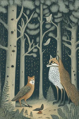 in the style of Henry Justice Ford, a drawing of a forest in which a fox meets an owl