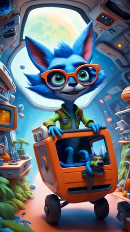 big ass space hairy hi tech alien cowboy gremlin blue fox with glasses in tiny cart floating around in space in a weird living space camper ship driving down weird twisted track in space station jungle, spell jammer, Pixar-inspired, expertly crafted in a whimsical and vibrant cartoon style. is masterfully rendered in a lifelike 3D design, which captivates viewers with there irresistible charm. The background is filled with warm, inviting colored stars and a 3D render, creating a cinematic.