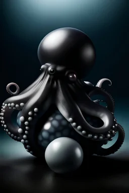 Photo realistic image of an octopus with black skin wrapped around a giant white pearl in the darkness of the deep ocean