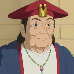 very very old man, head and shoulders portrait, King in court dress, wearing a small, high ruff, a jeweled cap with feather, two gold chains and a cloak over his doublet, which is embroidered