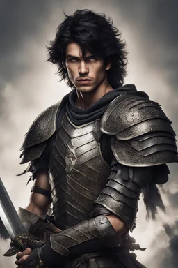 young man warrior with black hair and hazel eyes, dressed as an epic warrior armor carrying a sword and a dagger