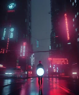 circular white moon, 3D, beautiful, light reflecting, empty city, midnight, rainy night, neon, cyberpunk, person walking