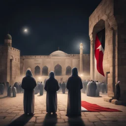 Hyper Realistic people praying outside Al-Aqsa mosque at night with Palestine Flag