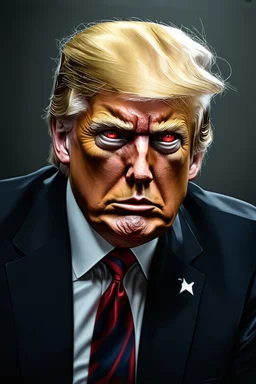 Portrait of Donald trump, realistic cyborg face, metal showing under skin, red eyes