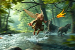 oil painting ,motion blur running caped long haired male angel pixie Quickling - Forgotten Realms dodging magical fire arrows above water and along winding branches in lush green forest along speeding horses , bokeh like f/0.8, tilt-shift lens 8k, high detail, smooth render, down-light, unreal engine, prize winning