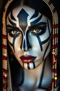 wallpaper hyper-realistic full body of a mysterious woman with intricate ceremonial face paint,d. Her porcelain skin is painted with sharp navy blue and white geometric stripes running vertically, framing her nose and outlining her features in a symmetrical, almost sacred pattern. Her eyes are intense and ethereal, with shimmering black and silver eyeshadow, outlined in crimson red, giving her a haunting, regal presence. Red crystal-like beads hang like tears from under her eyes, strung on golde