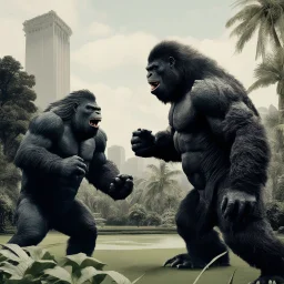 [vintage style noisy scratches glitches, Shot the texture and then rewound the film and double exposed the face] Donald Trump and Elon Musk are King Kong and Godzilla: the enormous Trump Kong and the terrible Muskzilla are fighting in Whitehouse gardens