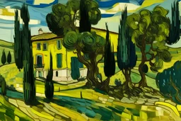 A yellow burg with olive trees in daylight painted by Vincent van Gogh