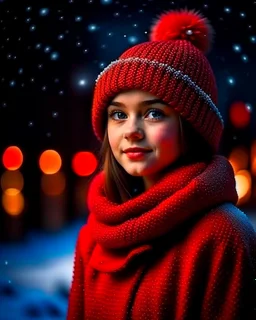 Cute girl in red hat and scarf, snowfall in the background, night