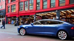 A Tesla's 'Model S Plaid' is parked, at the 'Pike Place Market', in Seattle. CINEMATIC. WIDE ANGLE LENS. PHOTO REAL.