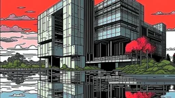 Brutalist architecture is reflected in the water, creating a canvas of color that challenges its reputation for monotony., draw art style influenced by japanese artists, niji, black outlines