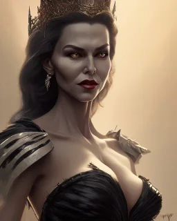 old evil queen in black leather gown, femme fatale, volouptous, busty, cleavage, angry, emperious, 8k resolution concept art portrait by Greg Rutkowski,