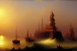 a medieval town by the sea at sunset by artist "Ivan Constantinovich Aivazovsky"