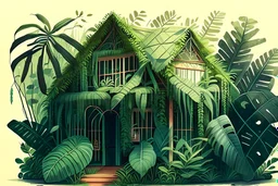 House illustration, realistic, detailed, illustrative, childrenbook style, green house, jungle plants