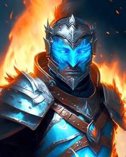 A commander with flaming eyes with flaming light blue pupils with stubble An armor made of a mixture of steel and leather, worn by a strong commander with magical power stands atop a squire