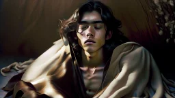 Photograph of a young teen elven male kneeling and wearing a billowing cape, relaxing, eyes closed, thick brown hair, full lips, aesthetic physique, cute face, shirtless torso, full body, warm skin tone, flawless skin, long hair,, high camera angle, mysterious atmosphere, high resolution, photo-realism, Asian facial features,