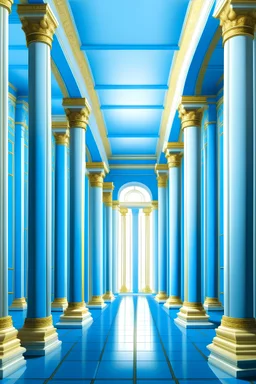 image of a columned hall in the Greek style. The bright hall seems to be floating in the air. Shades of heavenly blue and white, the columns are decorated with gold carvings. The style of the image is cartoonish. The columns rise upward, as if we are looking at them from below