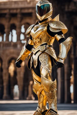 Full body photography,front_view,power ranger looking at viewer,traditional dress ornaments mechanical_armor,intricate armor, delicate golden filigree, intricate filigree, black metalic parts, detailed part,desert background, dynamic lighting