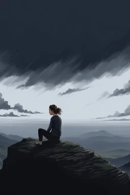 Ilustration of a woman sitting on the edge of a cliff, with a dark and cloudy sky in the background