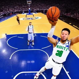 Jalen Brunson slam dunking a basketball on the surface of the moon