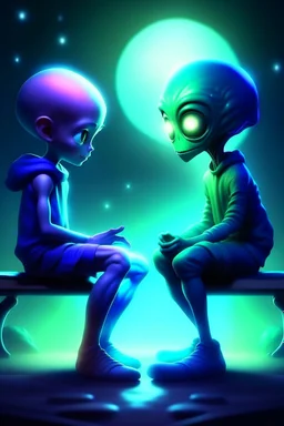 alien and a boy sitting on a bench. alien is howing boy with his alien hand the universe that boy never saw with his human eyes. there are geometric stuff all around and some planet stuff. boy and alien are friends. realistic style, like photography.