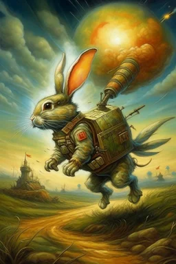 military bunny dragon breath fire wearing rocket backpack jet boosters going in for landing, prize winning oil painting