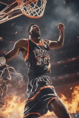 8k, highly realistic and detailed image of a NBA basketball player in action dunking the ball in the net, sweaty hair, screaming look,action and smoke and flames background