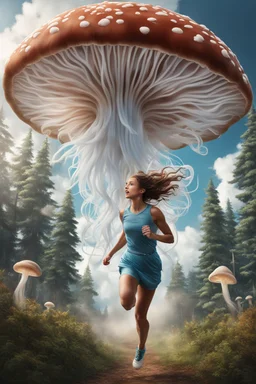 photorealistic girl running from a mushroom with jellyfish tentacles with tall narrow cloud trees in the background