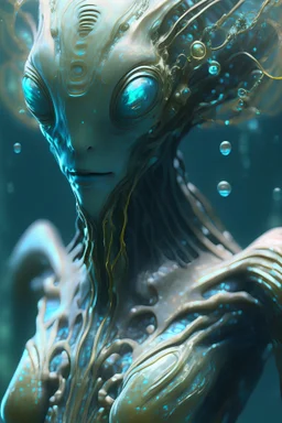 Aquatic humanoid alien ,hyper detailed, digital art, trending in artstation, cinematic lighting, studio quality, smooth render, unreal engine 5 rendered, octane rendered, art style by klimt and nixeu and ian sprigger and wlop and krenz cushart.