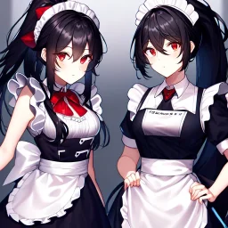 girl, masterpiece, best quality, volumetric lighting, detailed outfit, perfect eyes, black hair, long hair, vibrant red eyes, ponytail, messy hair, hair in between the eyes, maid,