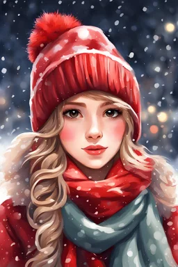 Painting of a cute girl in a red hat and scarf, pretty face, snowfall in the background, bright night