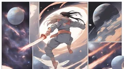 Martial Arts master, kicking, fighting, long hair, epic, space, planetary, planet destroying, dark, cute