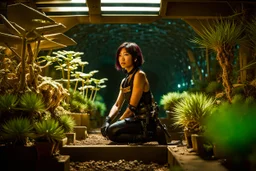 Unground underpunk and solarpunk tunnels, cinematic, extreme dof, dystopian, sci-fi, award-winning, Yui working hard in a garden, National Geographic, breath taking, oxygen farm but outside is a desert, fantasy, magical, geometry