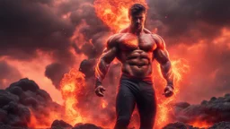 Hyper Realistic Handsome Muscular Fire-Super-Hero standing with Lava-splashes & Magma-Rocks & fire-meteor-shower with red cloudy sky & smoke around, dramatic & cinematic ambiance