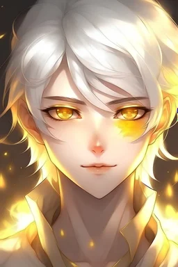 Draw a white haired femboy with golden glowing eyes