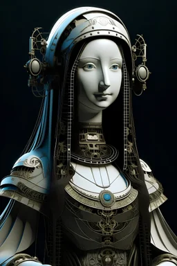 monalisa intricate details, futuristic outfit, gorgeous, weird, serious with VR Glasses which is a plan for the design of a computer in the style of Leonardo Da Vinci