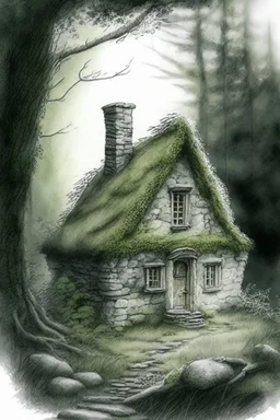 a small, moss covered, stone cottage in a clearing in the woods elegant pencil sketch digital painting extremely detailed very attractive dynamic lighting award winning fantastic view crisp quality