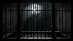 dark cinematic prison scene, parallel prison bars in window dominating the composition, behind the bars a human face siluette, the face completely obscured by darkness and shadow, identity unrecognizable, minimal cold light entering from above, oppressive atmosphere, existential symbolism, loneliness and isolation, brutal shadows, high contrast, realistic