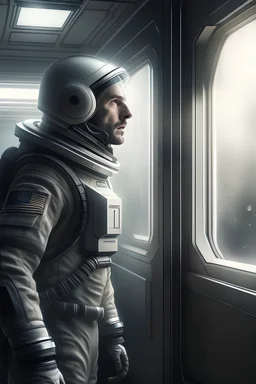 A DIGITAL ART portrait of a military astronaut walking. He is 30 years old. His eyes are tired. He is stoic and focused. Grey. We see him from across the room. He is ready to talk. Starship window view
