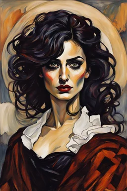 Painting of Penelope Cruz as a Goth vampire girl, in the Expressionist style of Egon Schiele, Oskar Kokoschka, and Franz Marc, in muted natural colors