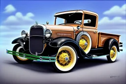 a true-to-life 1930 ford model a pickup, classic wheels, centered, intricate, extreme detailed, photorealism, center view, suburb background, pivot on ford, pen and color marker, painting by cheryl kelley