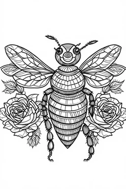 bee with roses idea, line art, background, vector, svg, black outline on white background, leave plenty of white space beetween lines for coloring, tattoo style, tattoo idea,full body, minimalist