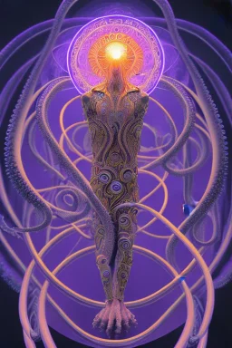 Spiritual being with Tentacles over human Head creating reality around, wrapping Spiral around Human, Psychedelic