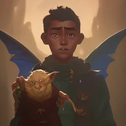 Portrait of a wizard kid with his pet gargoyle by Nick Harris