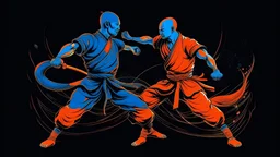 An image of two wushu fighters fighting in a black, orange, and blue color scheme.