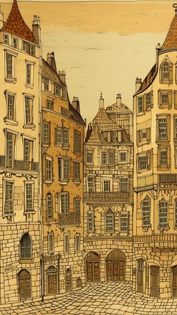 A brown city with blocky buildings designed in Mehndi design painted by Maurice Utrillo