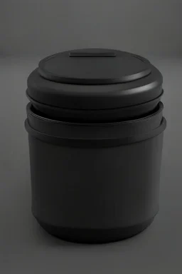 black container, plastic, realism, with screw lid, no labels, round container, front view, dark studio setting