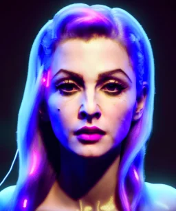 Night, Young Madonna, blonde, long line eye, pretty cyber woman, Led lights, cold ambient, latex, cables, glow, black, gold, piercings, brown, circuits, neon style, fog, rain, vibrant color, highly detailed, art stations, concept art, smooth, unreal engine 5, god rays, ray tracing, RTX, lumen lighting, ultra detail, volumetric lighting, 3d, finely drawn, high definition, high resolution.