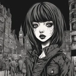 create a horror illustration of a dark haired, savage vampire gothpunk girl with highly detailed , sharply defined feminine facial features, in a chaotic, turbulent, otherworldly London in the anime style of Junji Ito, precisely drawn, inked, with dramatic edges,