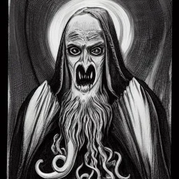 Cthulhu with white skin and a tentacle beard as a Russian Orthodox nosferatu vampire